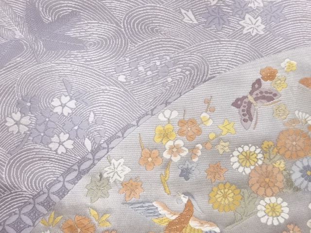  鳳凰に草花・蝶・波模様織出し袋帯